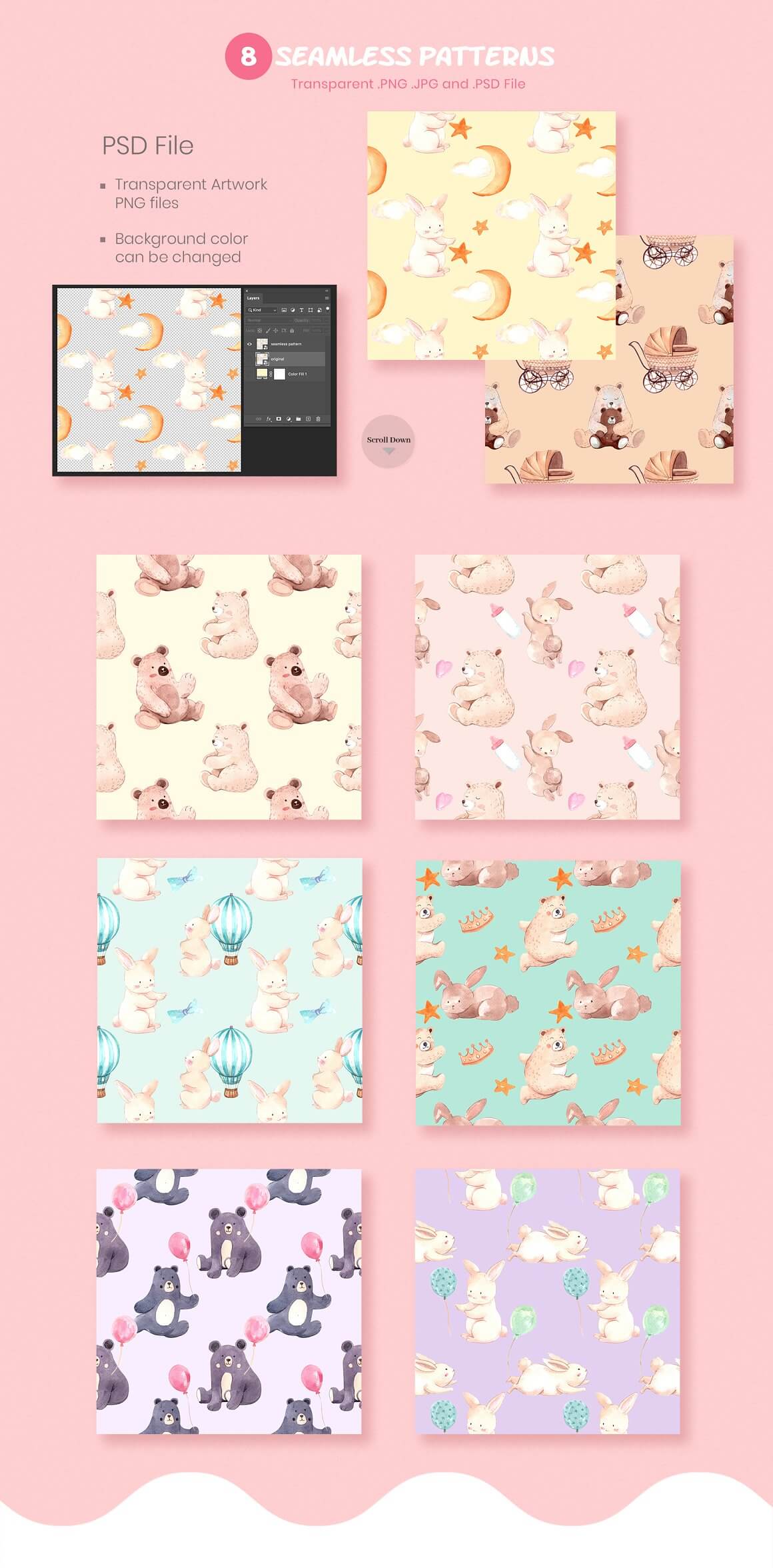 8 Seamless Patterns, Baby Shower Cute Animals Watercolor.
