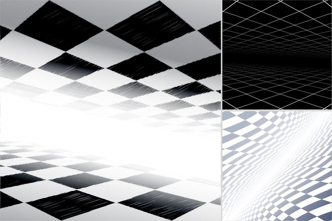 Abstract black and white perspective background, checkered pattern with gradient and light.