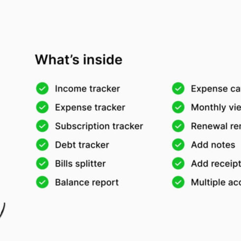 What's inside: Balance report, Expense categories, Monthly view.