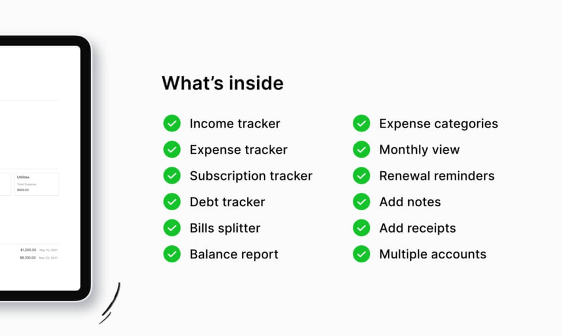 What's inside: Balance report, Expense categories, Monthly view.