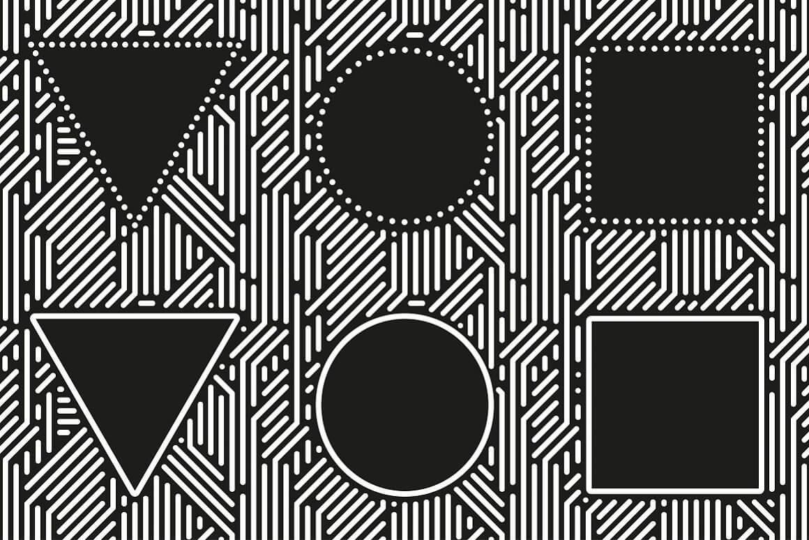 Geometric shapes with dots and lines on a black background.