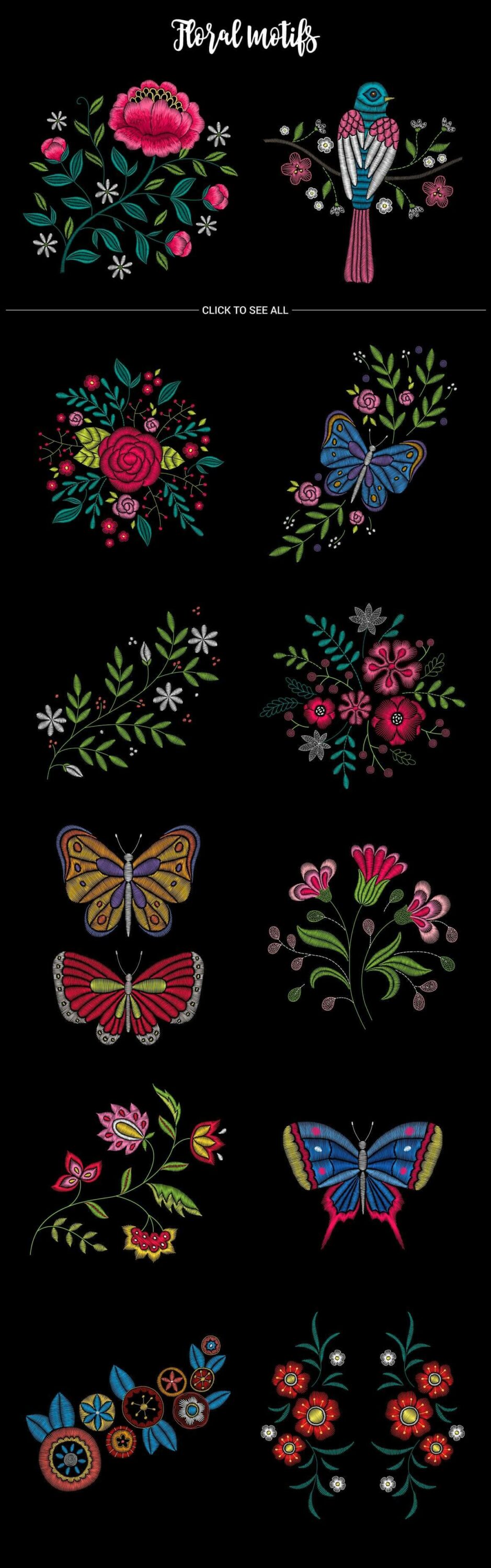 Floral motifs with butterflies and birds.
