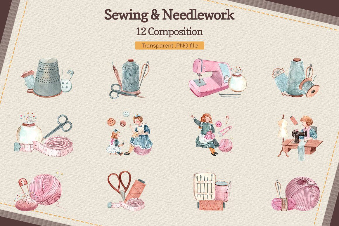 12 compositions with things on the theme of needlework.