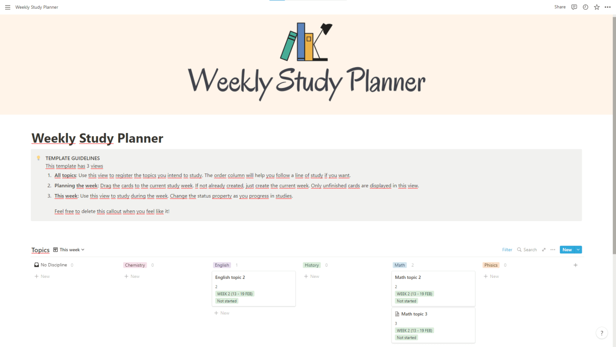 Weekly study planner, this template has 3 views.