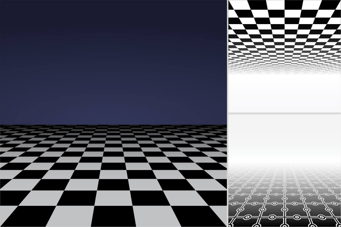 Abstract black and white perspective background, chess pattern from different angles.