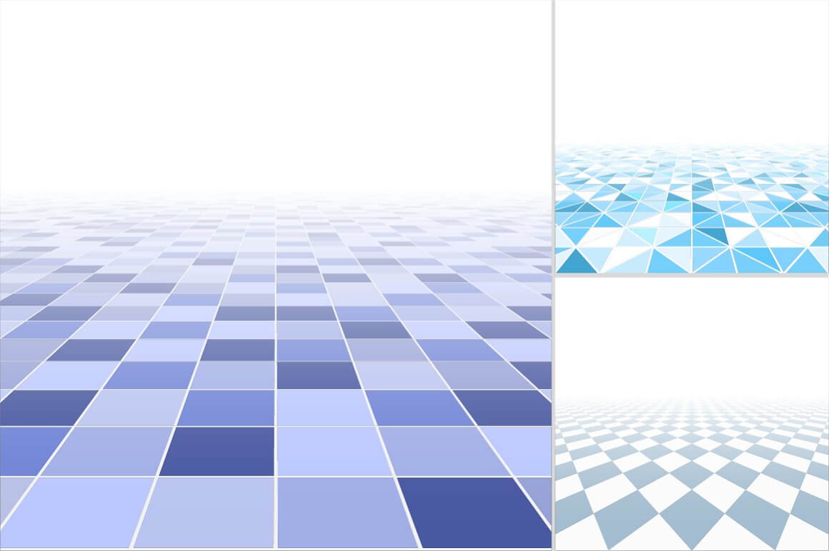 Large model with blue cubes, turquoise triangles, abstract perspective background.