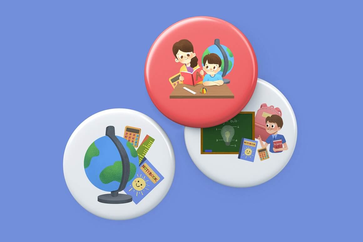 Metal badges depicting a globe and school supplies, a teacher who teaches a student and a teacher who tells the material next to the blackboard.