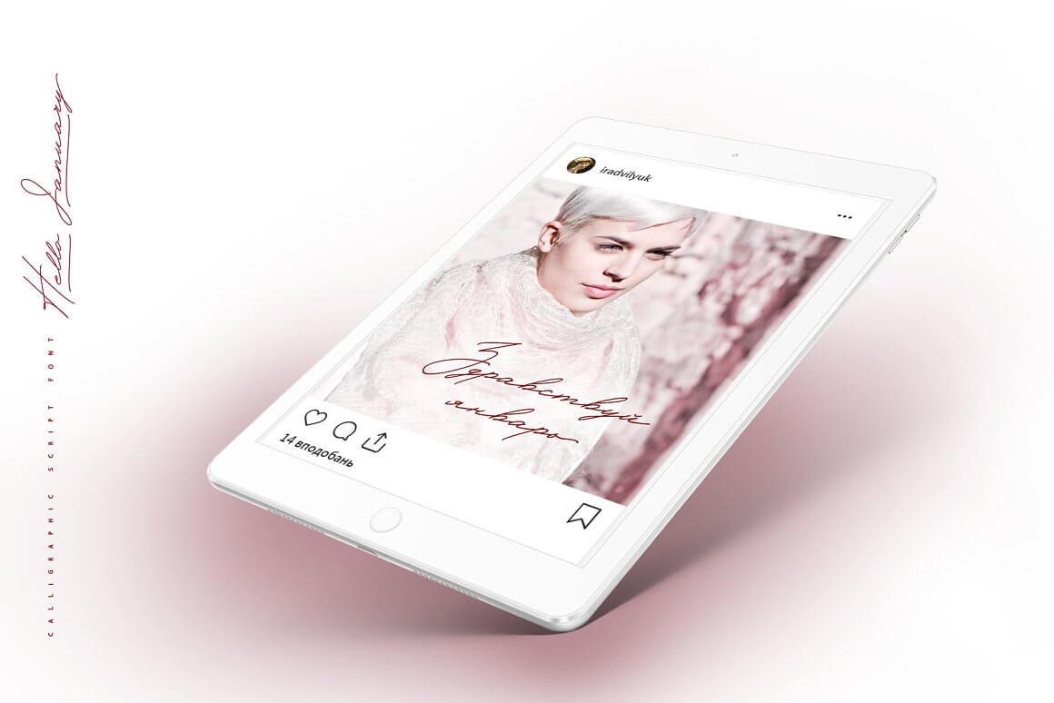 A white tablet with a photo of a young lady on a white and pink background.