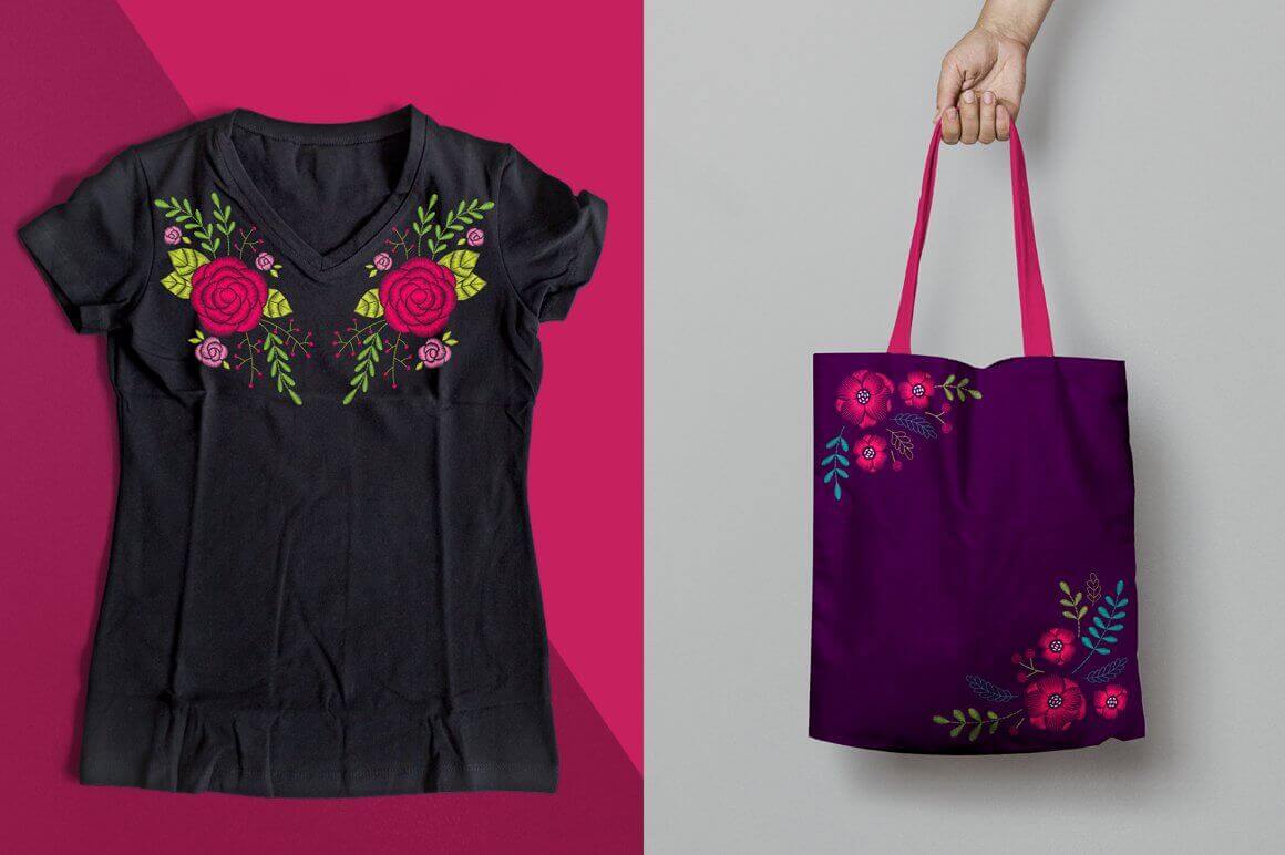 Embroidery on a black t-shirt and purple bag.