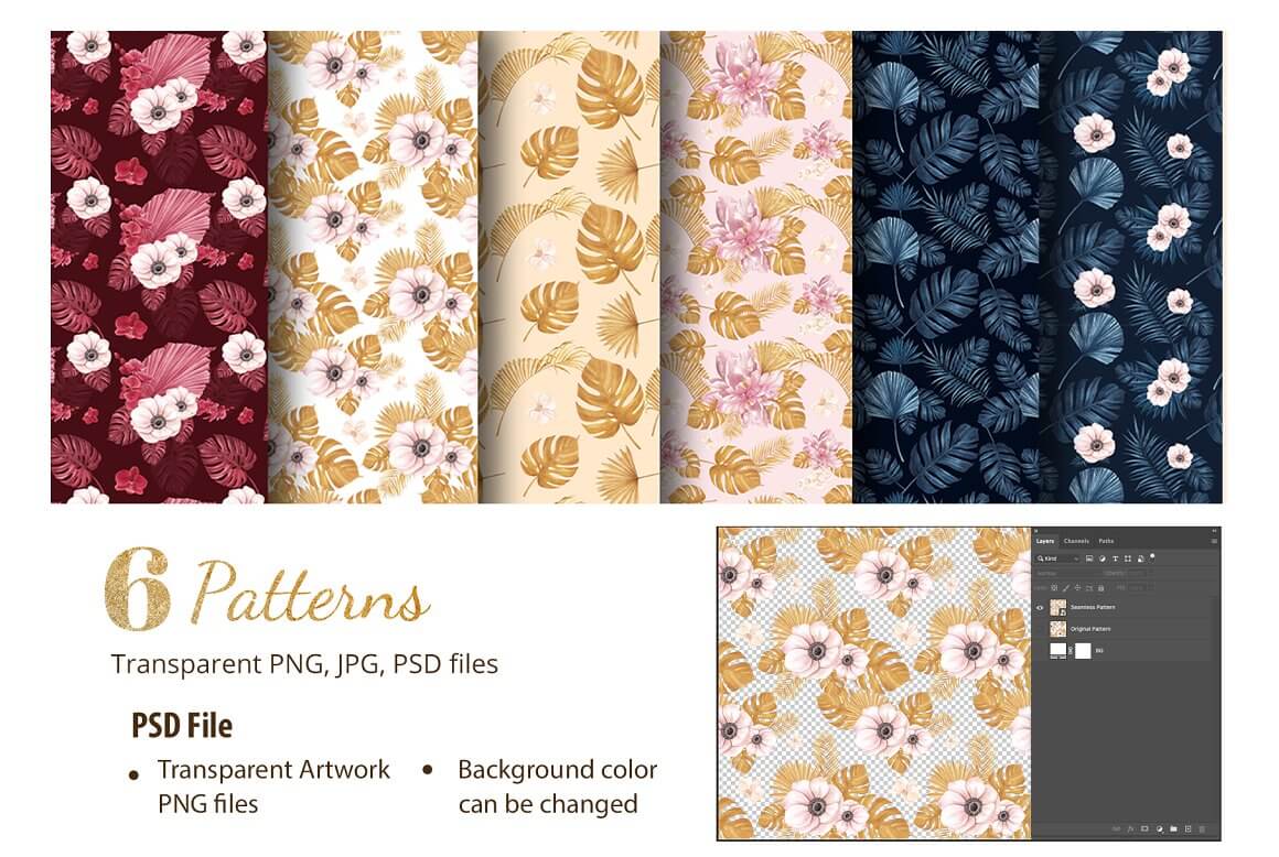 6 Patterns Transparent PNG, JPG, PSD files. Pampas floral leaves unique.