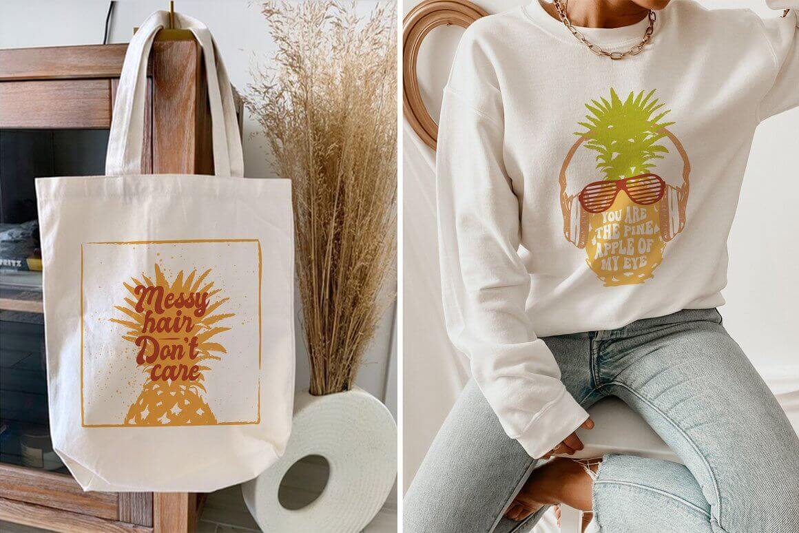 A white bag that says dirty hair don't care with a picture of a pineapple and a white sweater with a fun pineapple.