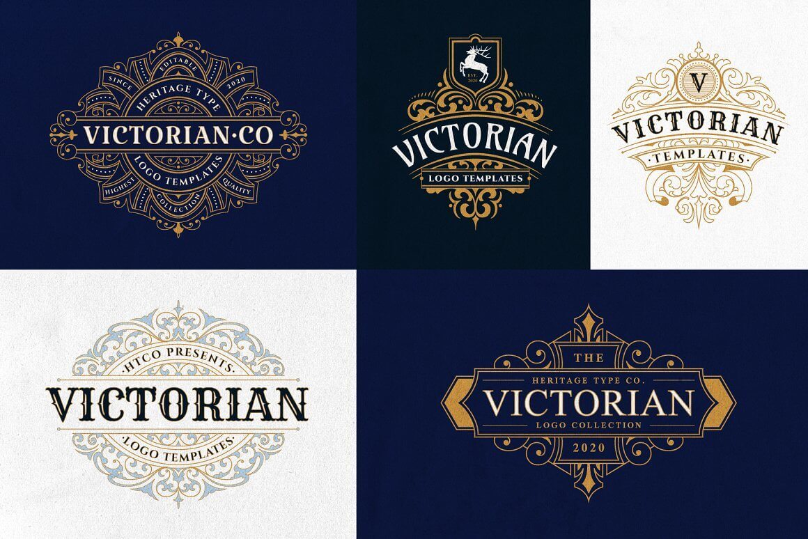 Different designs of Victorian logo templates on the blue and white backgraund.