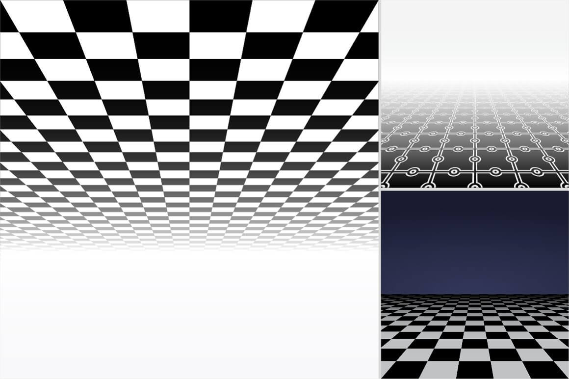 Abstract perspective background, black and white chess pattern top, bottom and with a blue background.