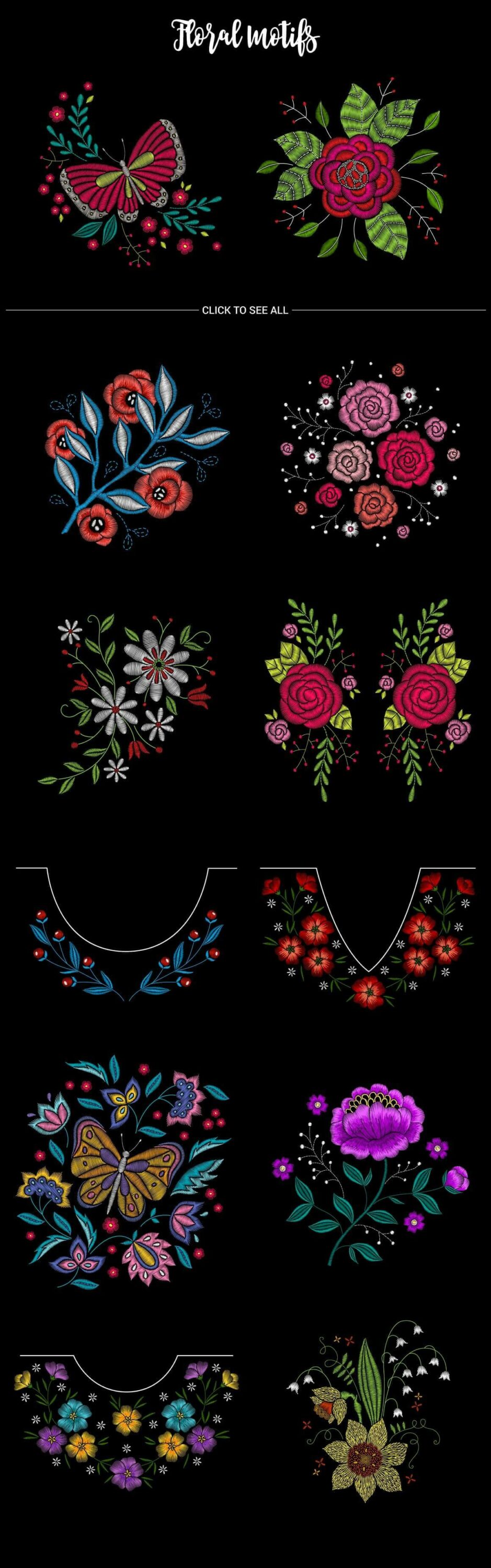 Twelve examples of Embroideries on a black background canvas.