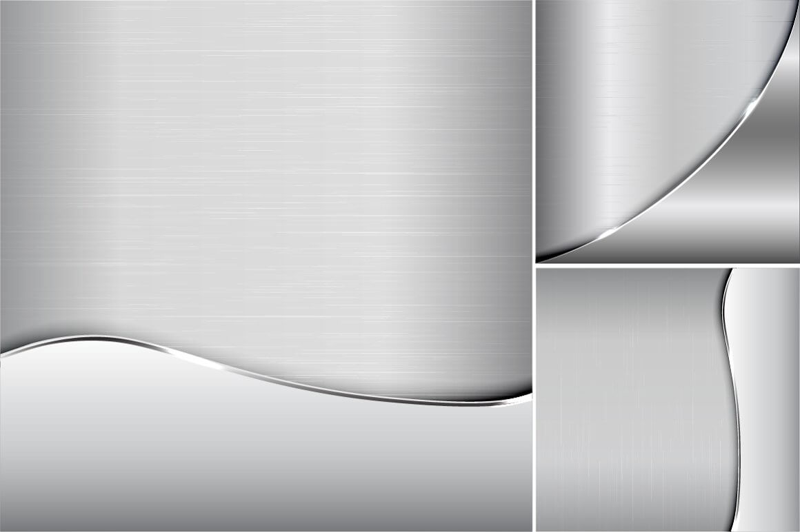 Three parts vector pattern gray metallic background with curved lines.