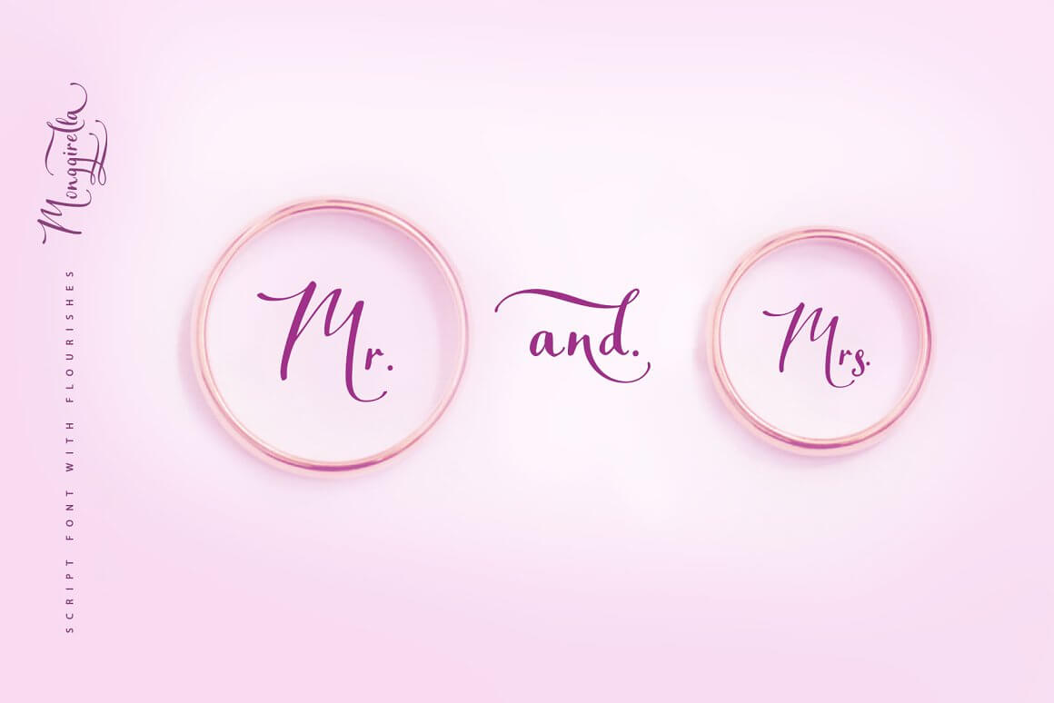 Wedding rings on a pink background with the inscription "Mr and Mrs".
