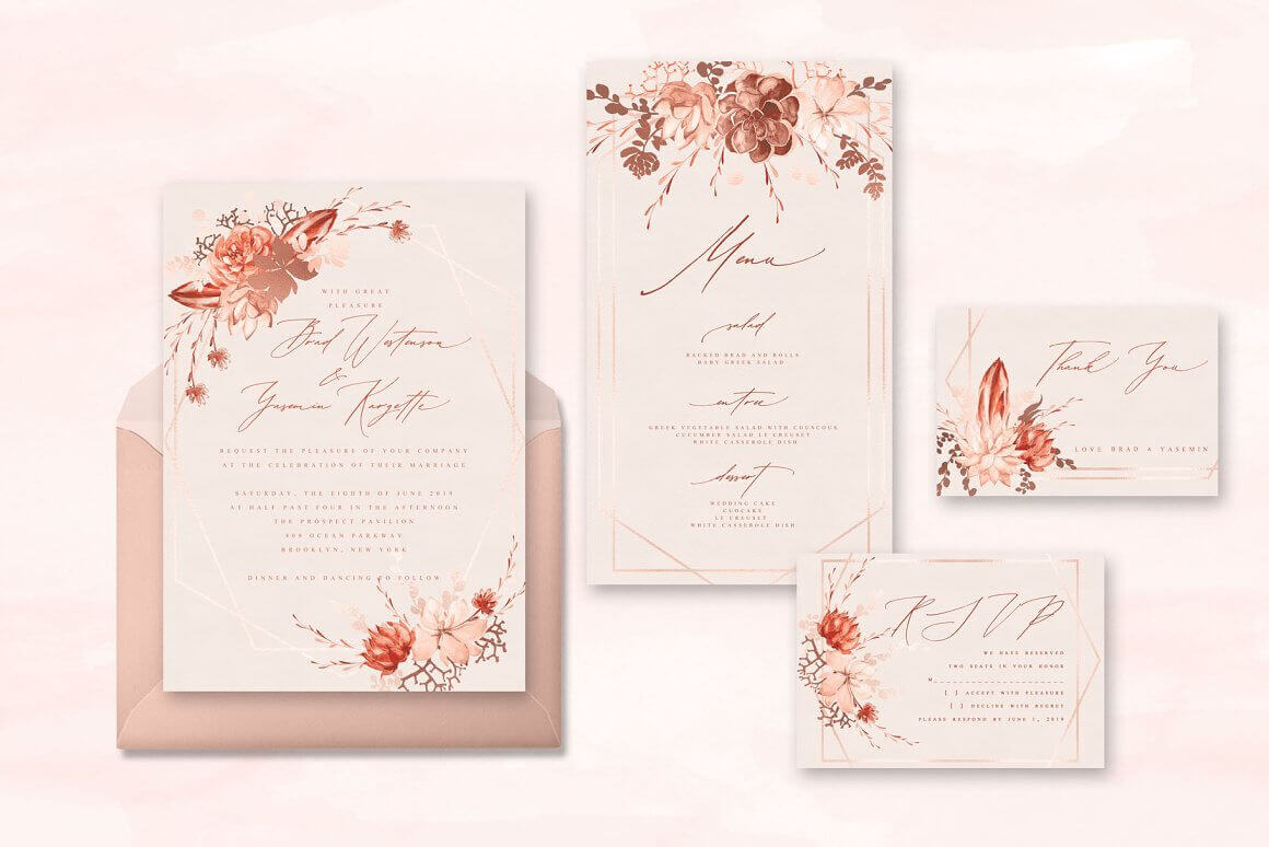 Wedding cards with flowers, an envelope on a white background.