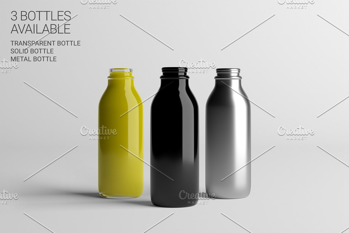 On a gray background, three bottles of different colors.
