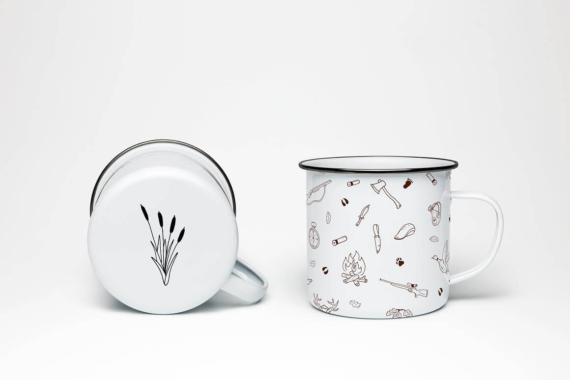 Reeds are depicted on one white cup, a gun, a fire, an ax and more are depicted on the other white cup.