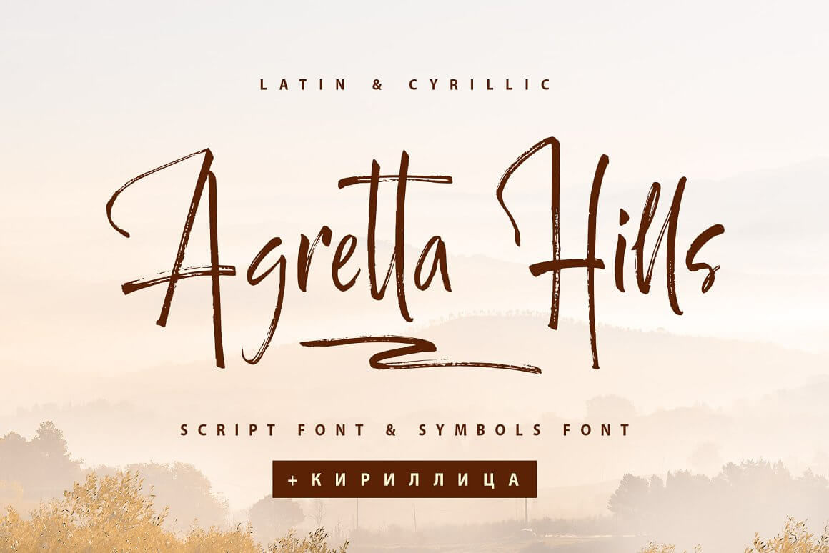 Agretta Hills, Script Font and Symbols Font in Latin and Cyrillic.