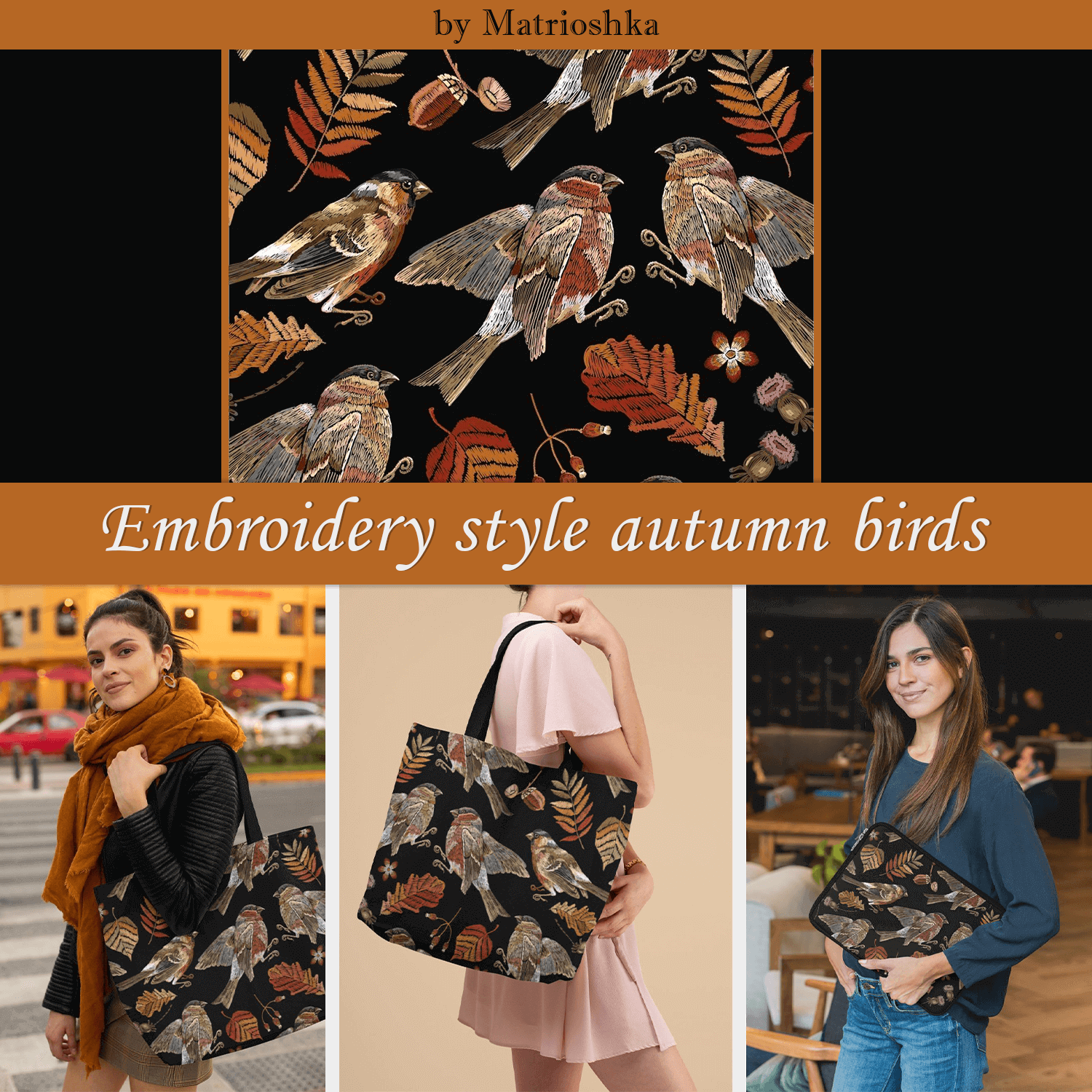 Embroidery style autumn birds by Matrioshka.