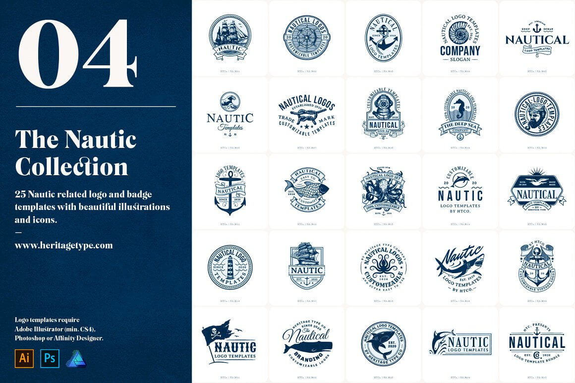 25 nautic related logo and badge templates with beautiful illustrations and icons.