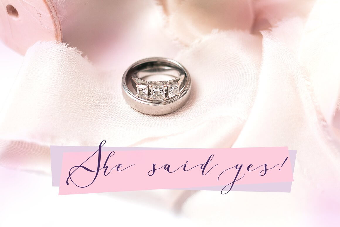 Wedding ring and inscription: She said yes!