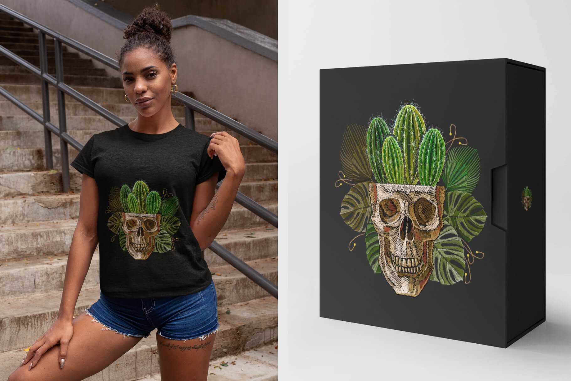 An embroidered skull that grows cacti on a black T-shirt and black box.
