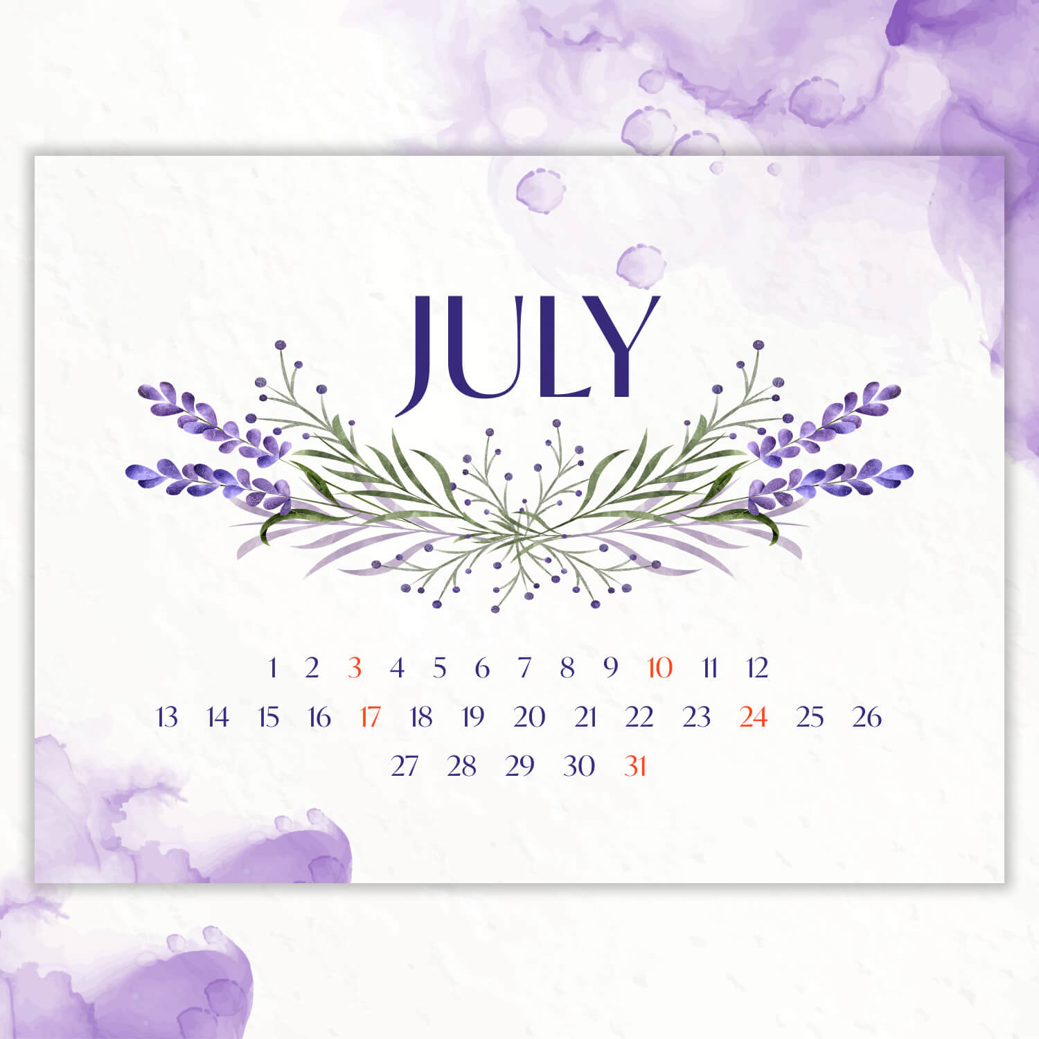 Free Editable July Calendar Lavender previews.