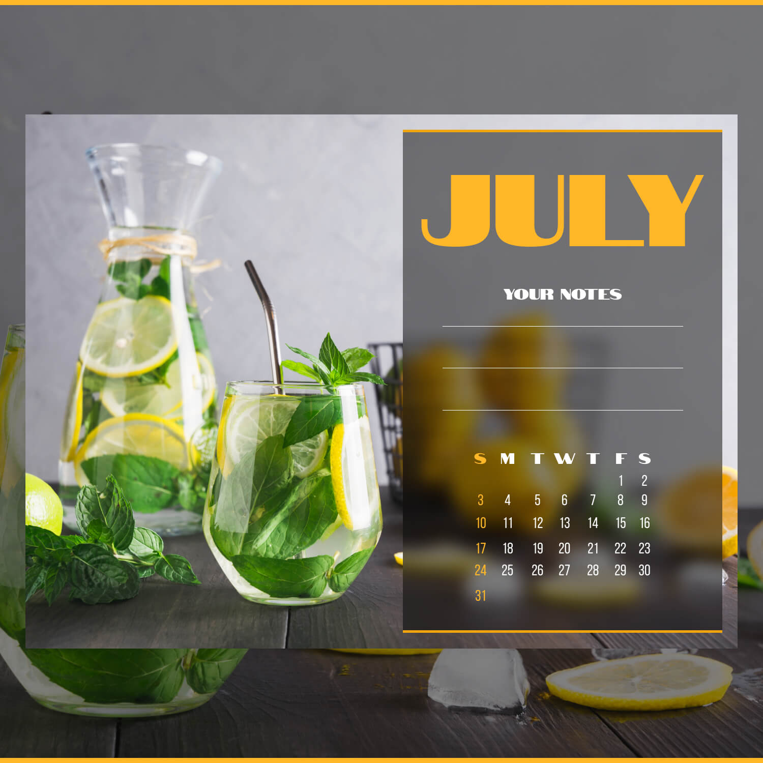 Fully Editable Free July Calendar previews.