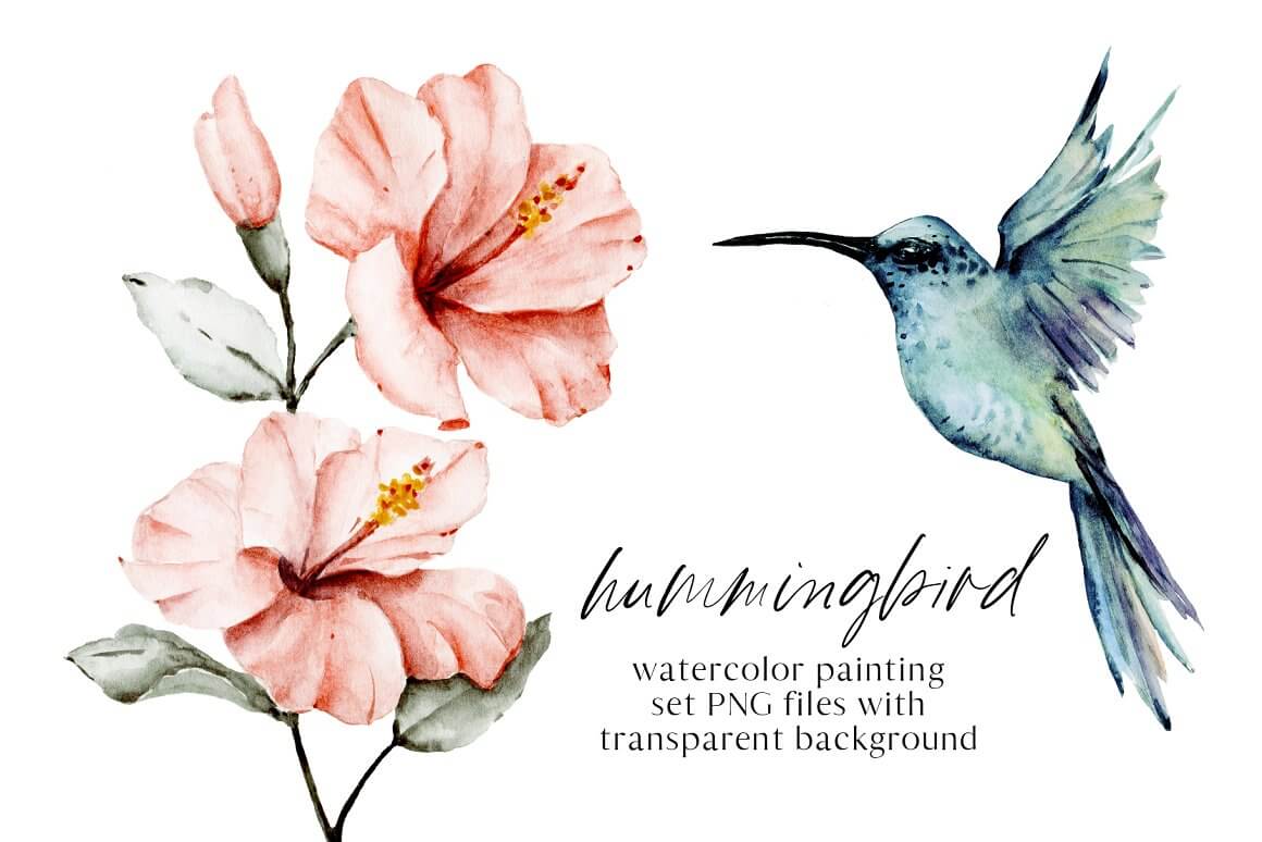 A gentle rendering of a watercolor drawing of a small blue hummingbird near a pink flower.