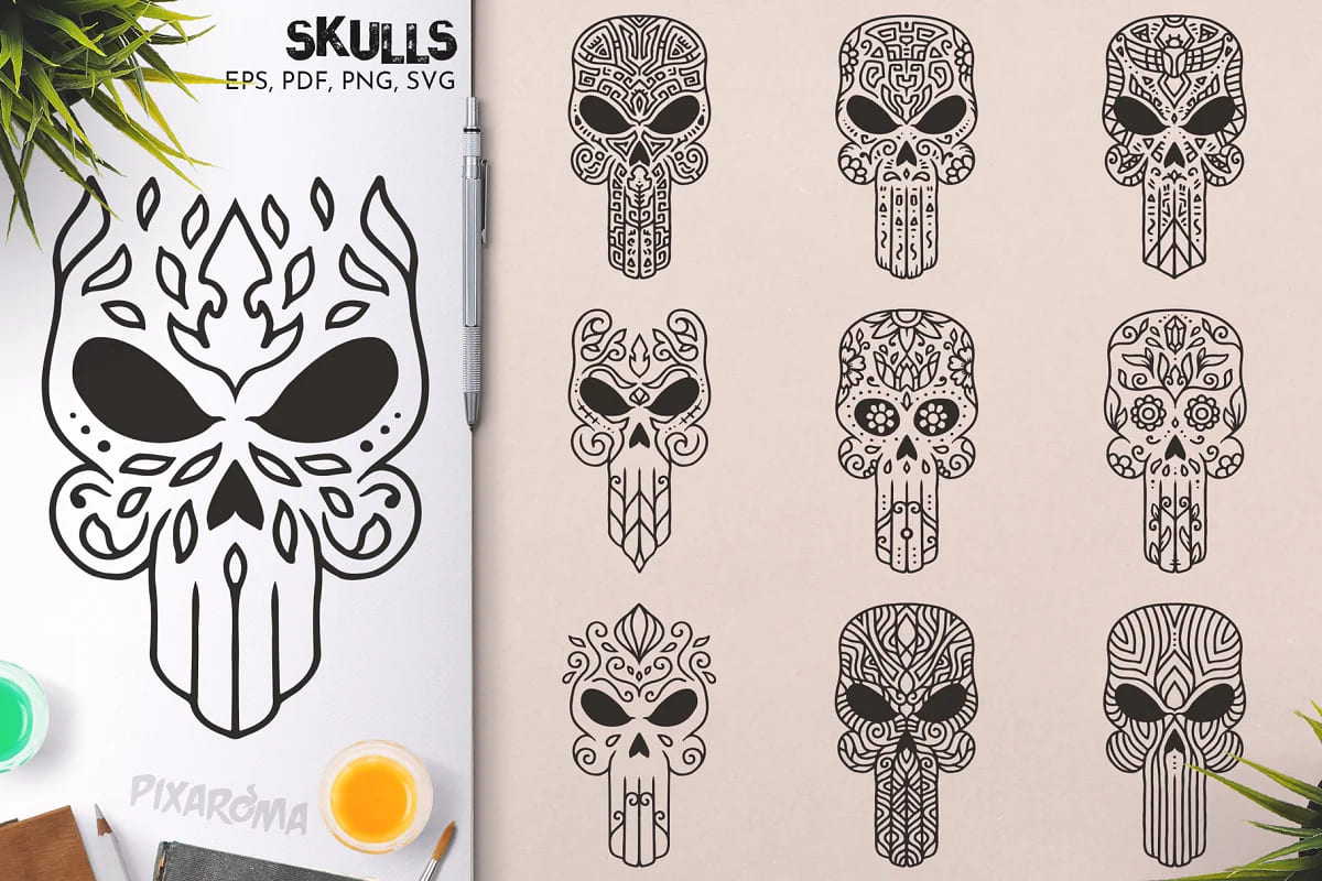 100 decorative skulls, good for bikers.