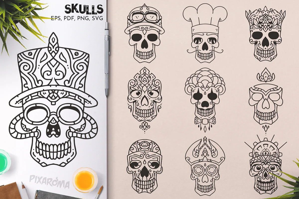 100 decorative skulls for printing.