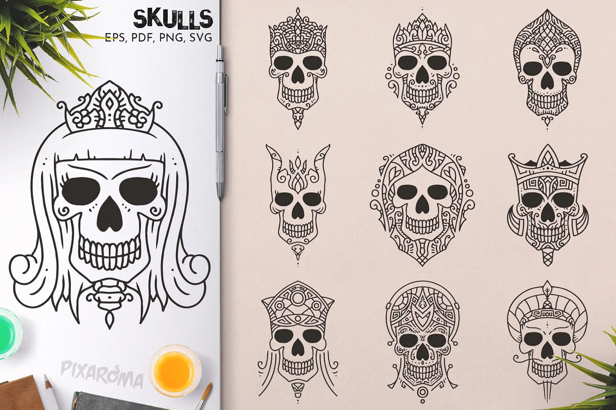 100 decorative skulls, good for paper ornaments.