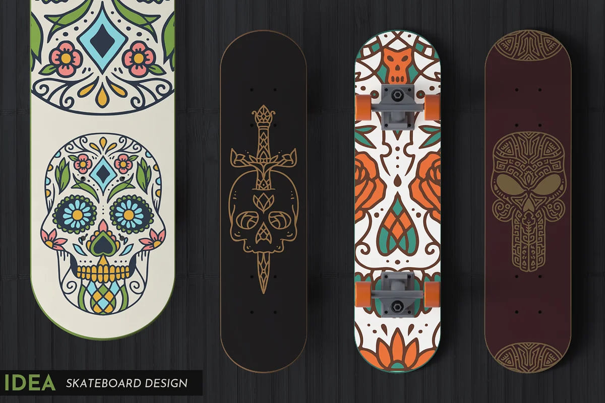 100 decorative skulls, skateboard design mockup.