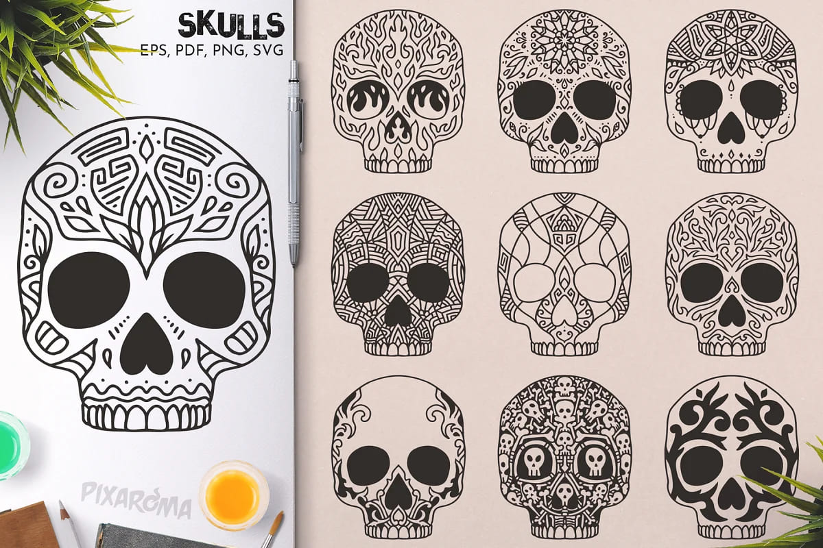 100 decorative skulls, use for tattoos.