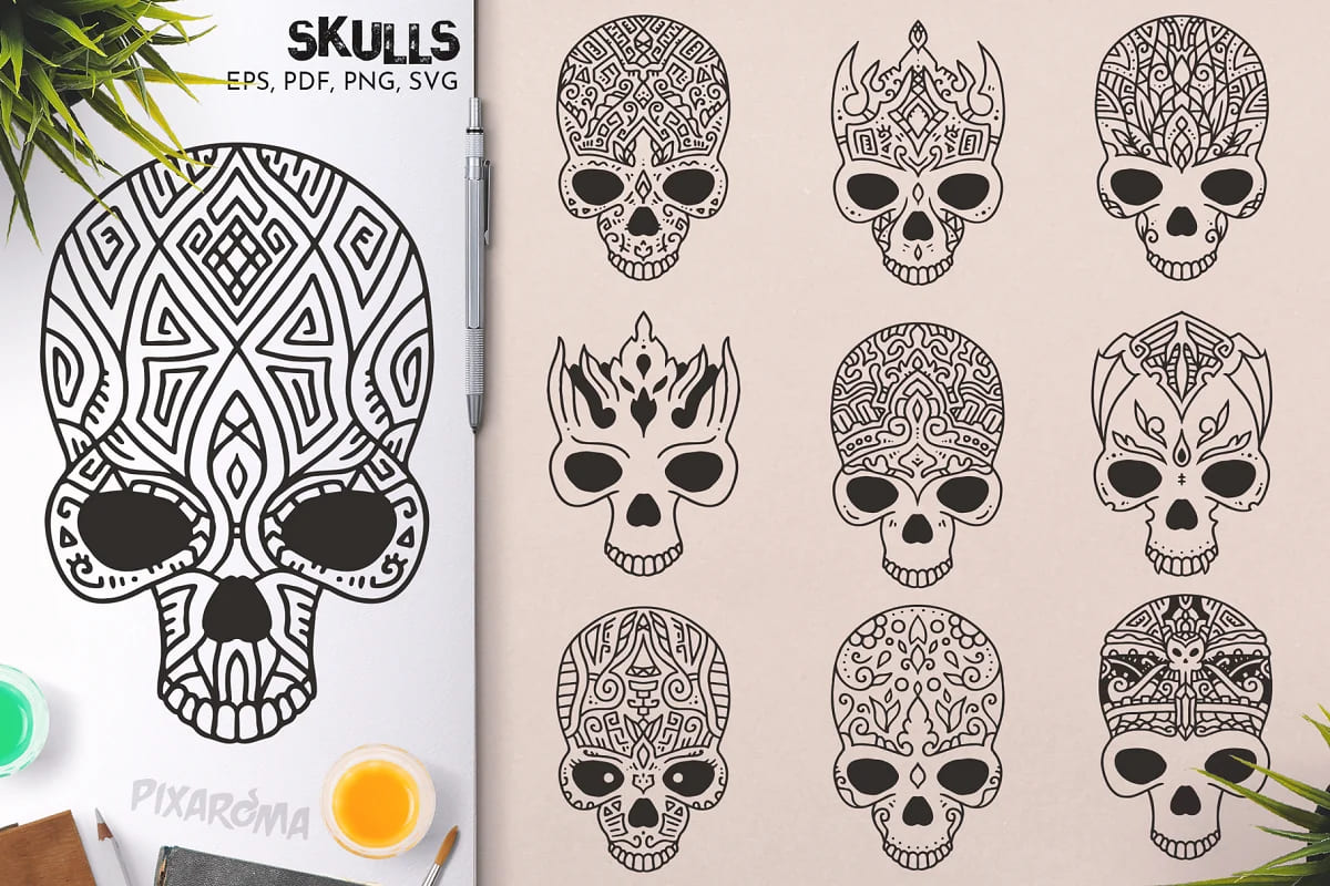 100 decorative skulls, good for leather imprints.