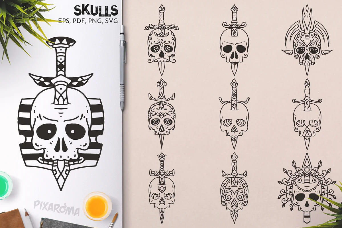 100 decorative skulls, good for wood carving.
