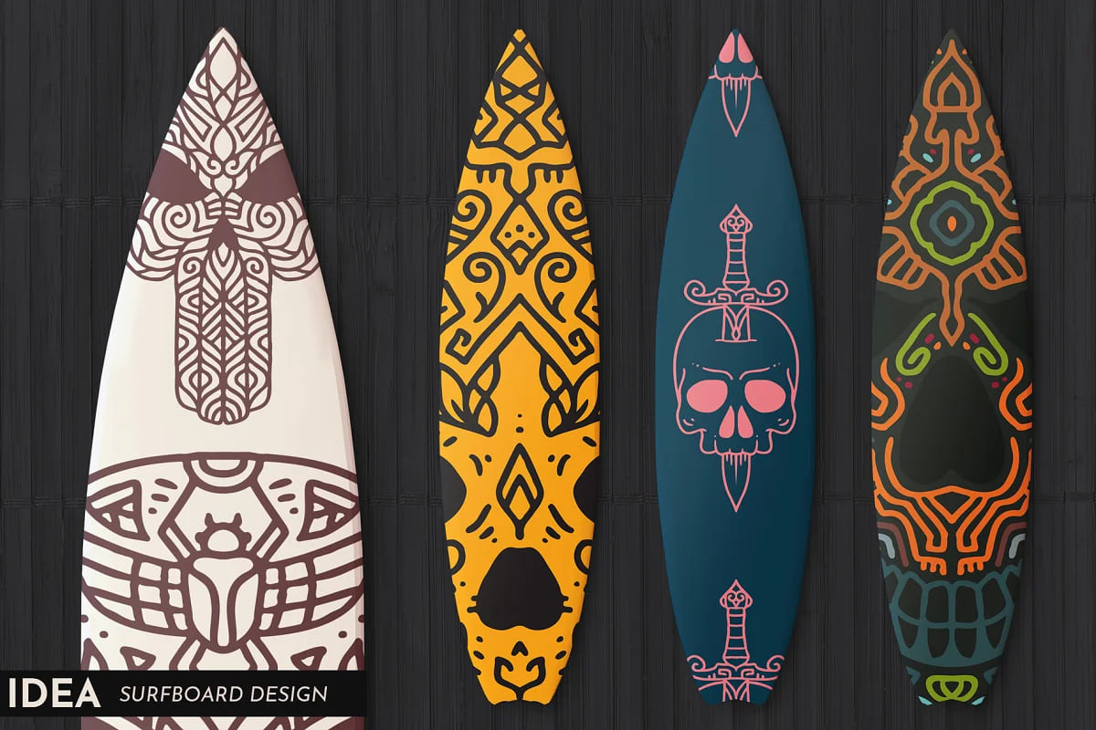 100 decorative skulls, surfboard design mockup.