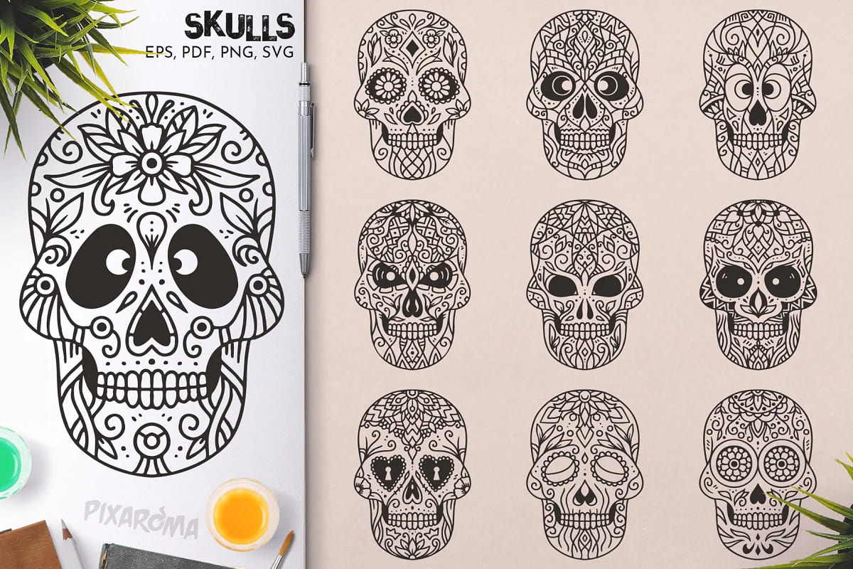 100 decorative skulls illustrations.