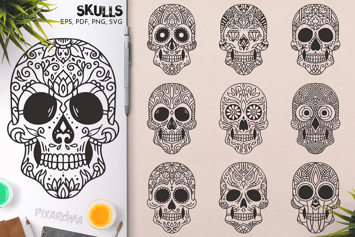 100 decorative skulls, good for halloween.