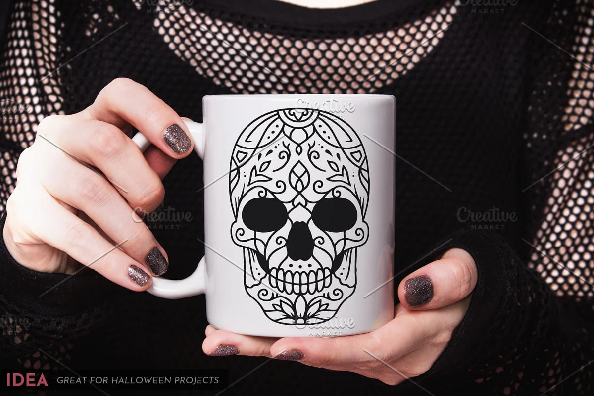 100 decorative skulls mug design mockup.