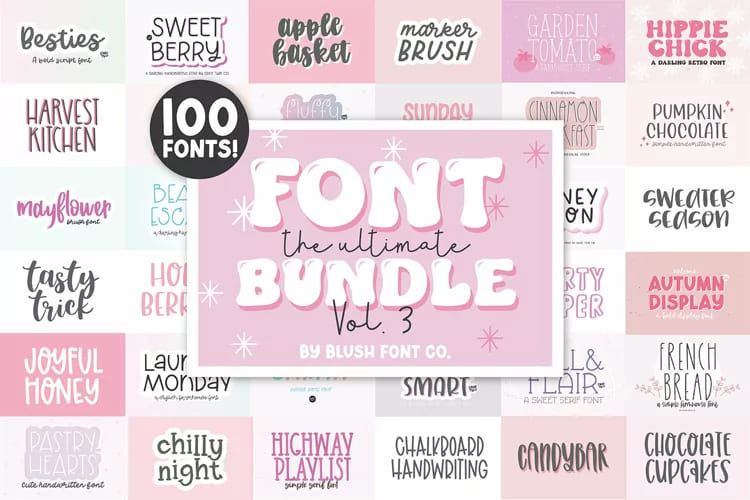 100 FONTS - The ULTIMATE Font Bundle Vol. 3 - 2021 Edition facebook image.