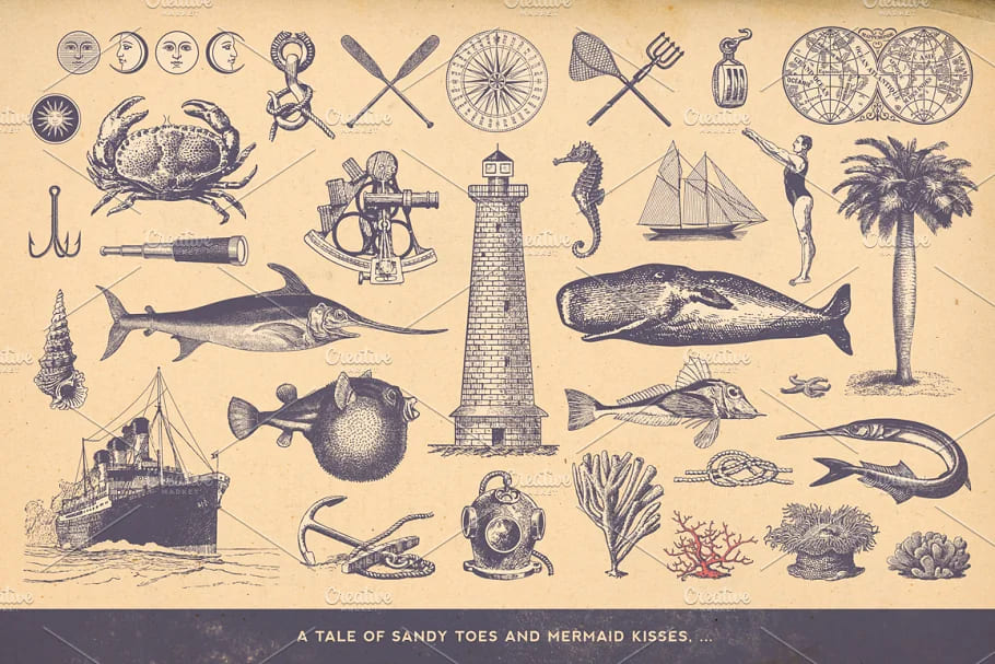 100 vintage nautical illustrations set.