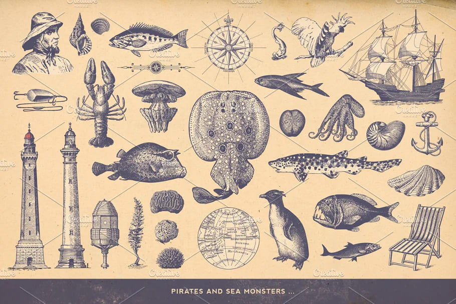 100 vintage nautical illustrations collection.