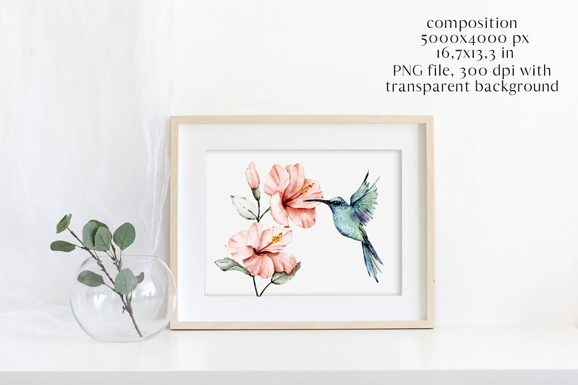 A hummingbird with a pink flower is painted in watercolor on a painting with a beige frame.