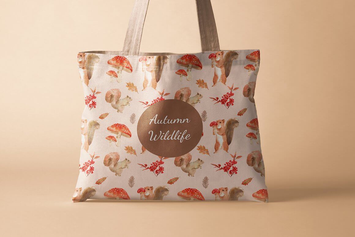 White bag with autumn wildlife design.