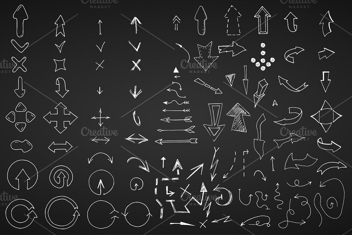 Ten columns with white color vector arrows on a black background.