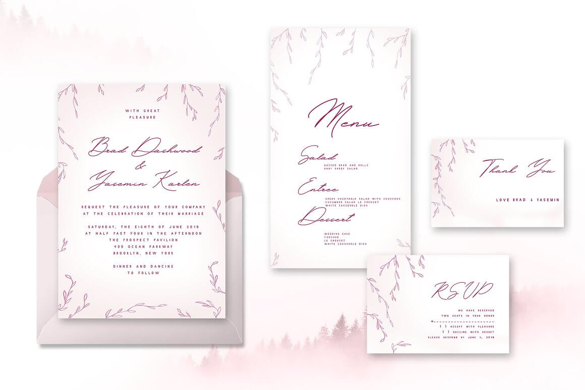 Pink flyers, wedding menu.