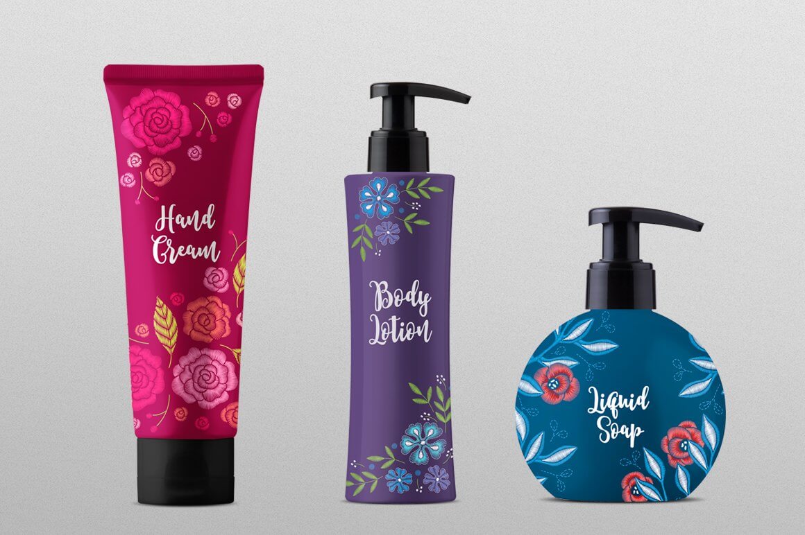 Cosmetics of three types with drawings of Embroideries.